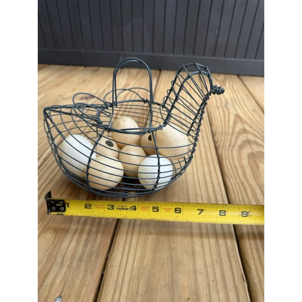Vintage Wire Chicken Hen Egg Gathering Basket with Folding  Handles 8 Faux Eggs